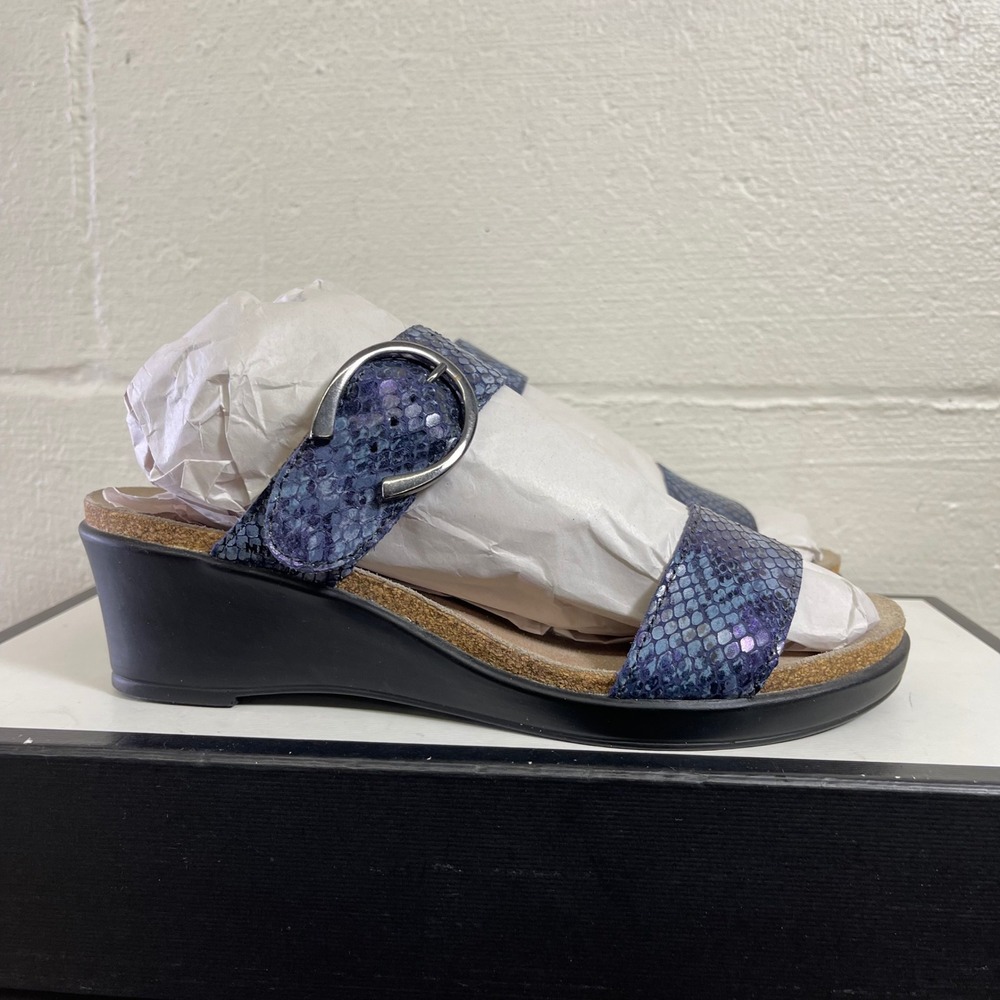 Mephisto Blue Snakeskin Leather Wedge Sandals Cork Slip On Womens 39 EU/9 US